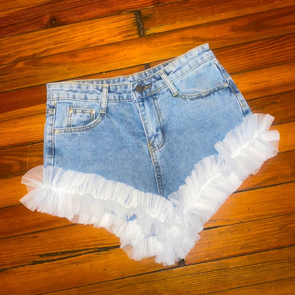 Light Wash Denim Shorts with White Tulle Trim